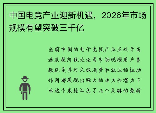 中国电竞产业迎新机遇，2026年市场规模有望突破三千亿